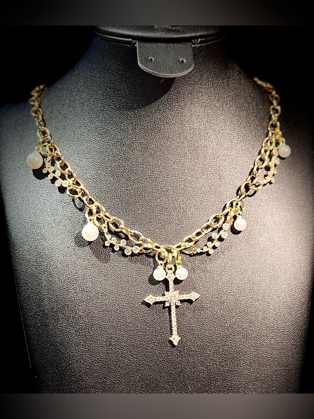 Gold-Tone Cross Pendant Layered Necklace with Pearls - Women Jewelry